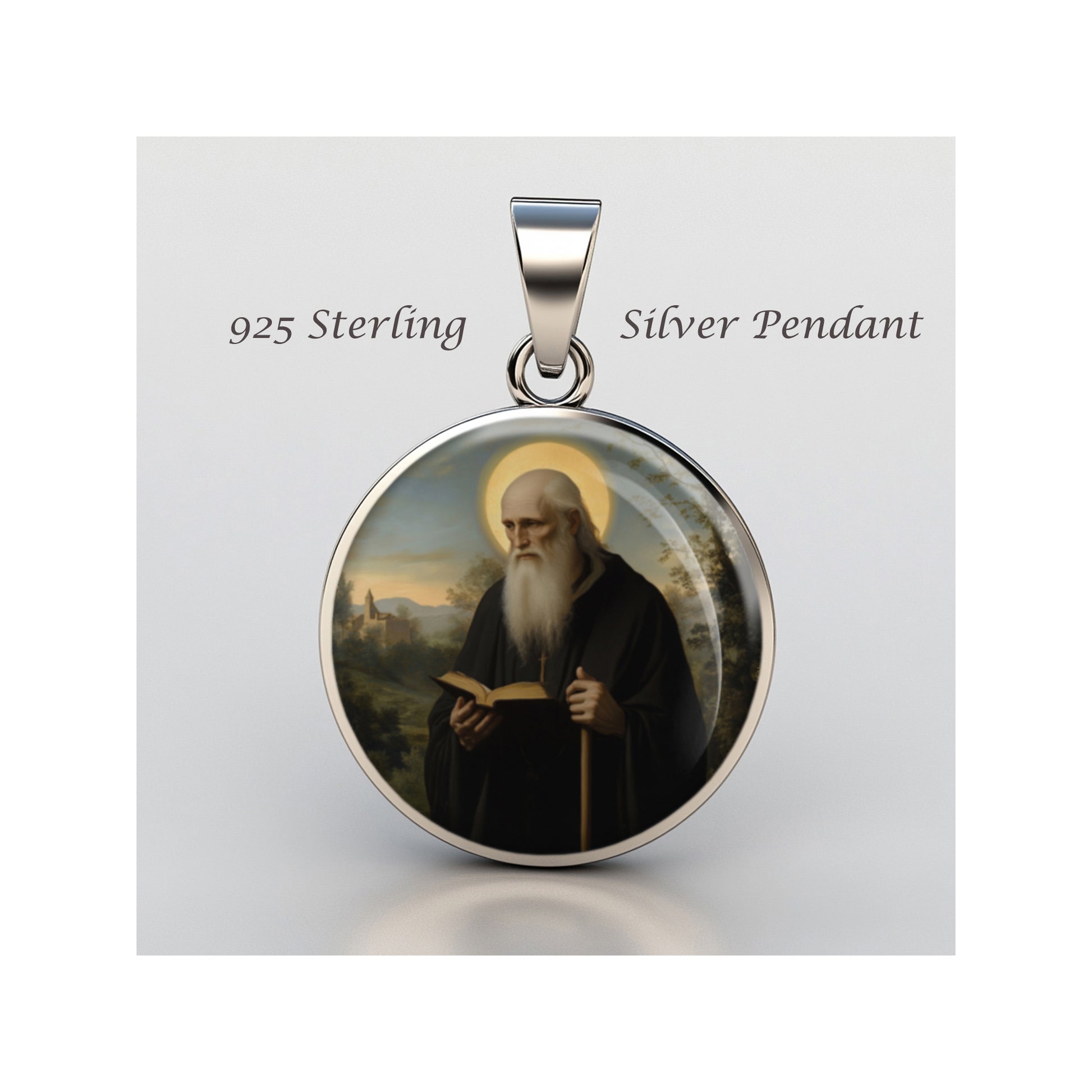 Saint Benedict Catholic sterling silver 925 Christian Medal Patron Pendant image 0