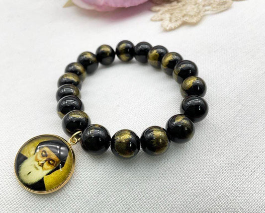 St Charbel Catholic Stretch Bracelet Black and Gold Lapis Lazuli Jades Beads