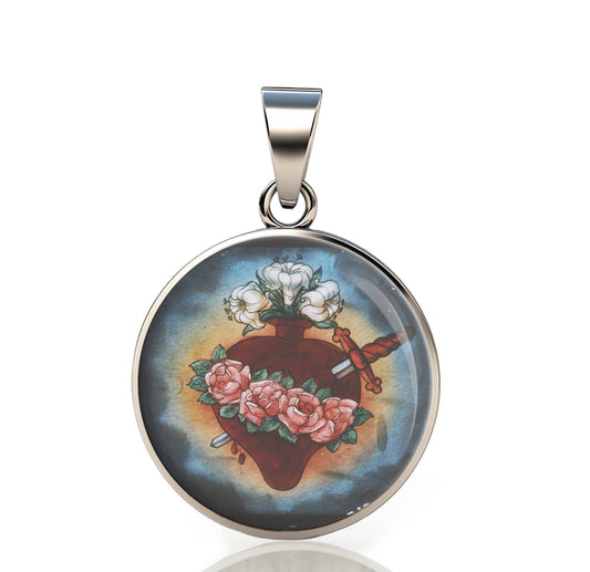 Our Lady Immaculate Heart Of Mary 925 Sterling Silver I Round Pendant Christian Religious Medal Small 20mm