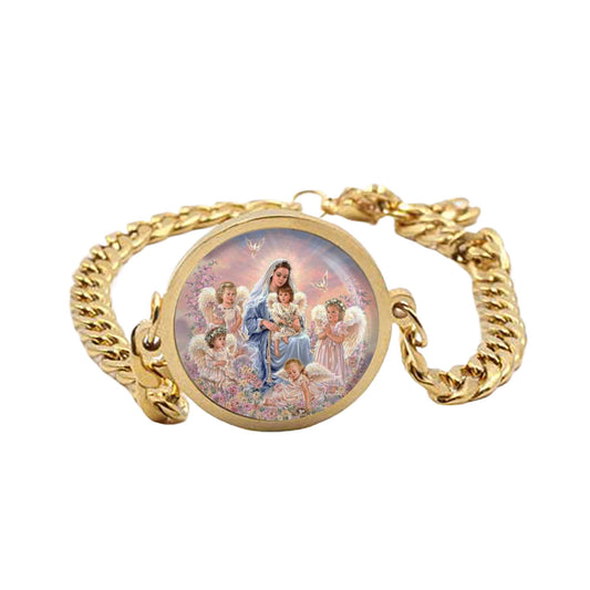 Our Lady Mary, Baby And Cherubs Curb Bracelet Gold or Silver tone Religious Jewelry Simple Chain