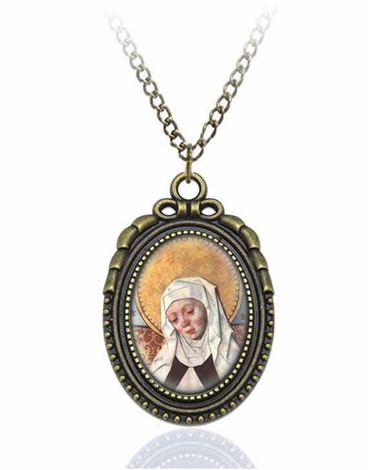 St Bridget of Sweden Catholic Necklace Bronze Medal w Chain Oval Pendant Saint