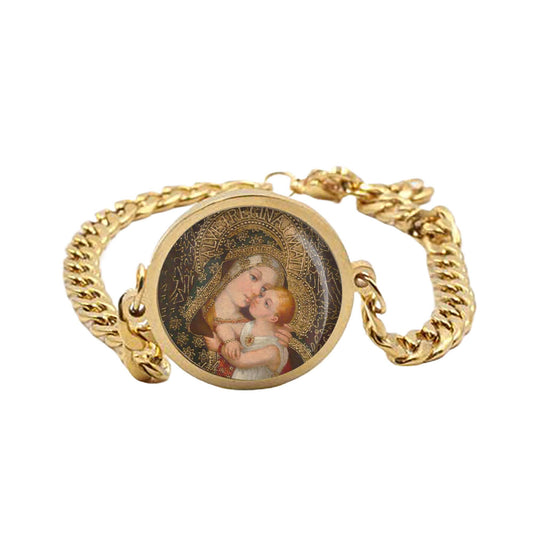Our Lady Mary Icon Curb Bracelet Gold or Silver tone Religious Jewelry Simple Chain