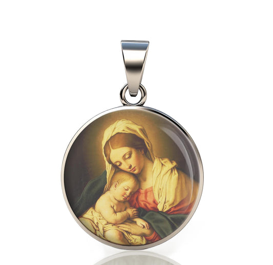 Our Lady Our Blessed Mother Mary And Baby Jesus 925 Sterling Silver Round Pendant Christian Religious Medal Small 20mm