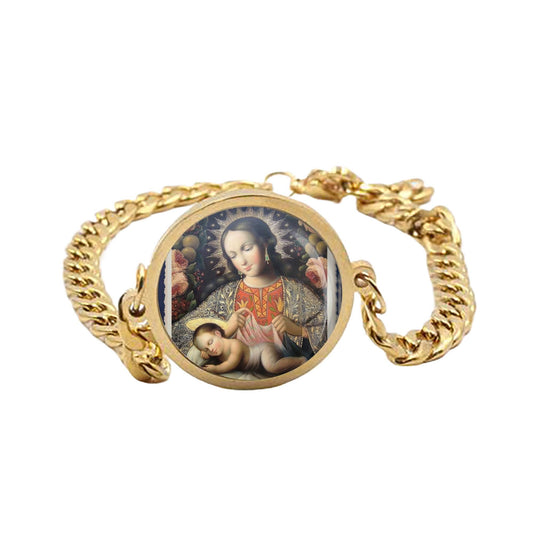 Our Lady Mary Veil Jesus Curb Bracelet Gold or Silver tone Religious Jewelry Simple Chain