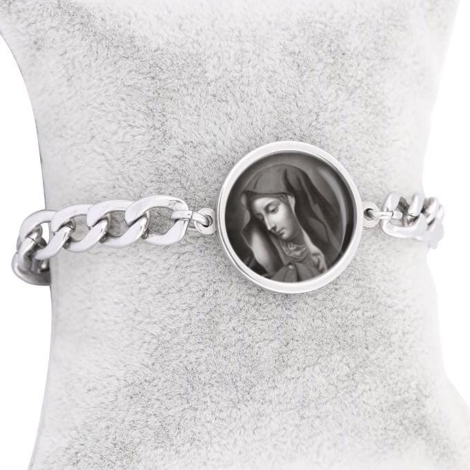 Our Lady Our Lady Of Sorrows Black And White Curb Bracelet Gold or Silver tone Religious Jewelry Simple Chain