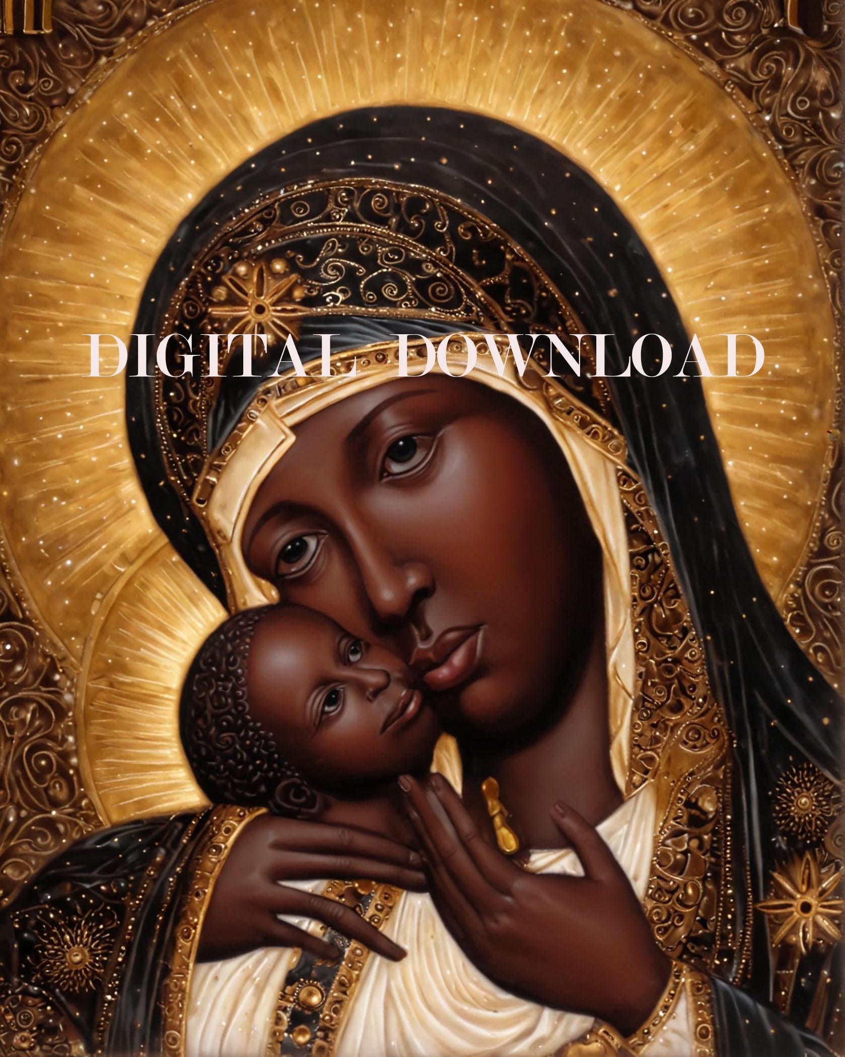 Black Madonna Mary And Baby Jesus Religious Art Digital Image Print image 0