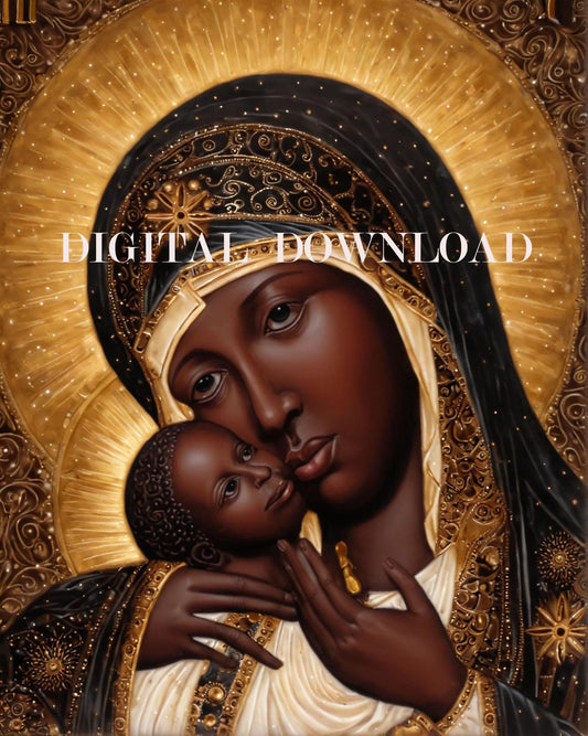 Black Madonna Mary And Baby Jesus Religious Art Digital Image Print image 0