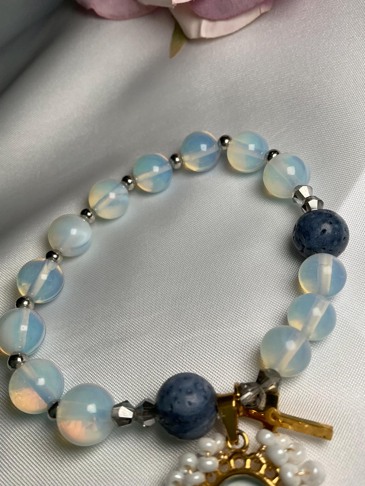 Rosary bracelet Decade Catholic Our Lady of Grace medal and Cross - Blue Coral and Opalite Beads