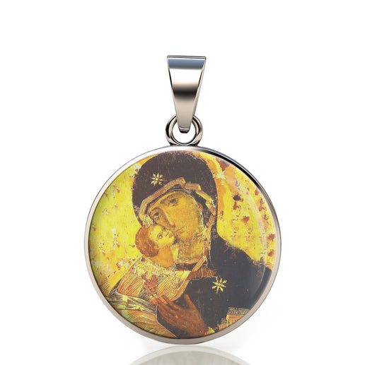 Our Lady Vladimir 925 Sterling Silver Round Pendant Christian Religious Medal Small 20mm