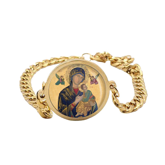 Our Lady Perpetual Help Curb Bracelet Gold or Silver tone Jewelry Simple Chain