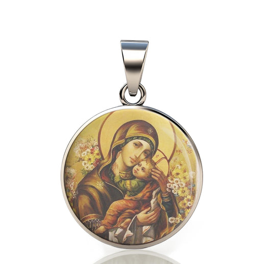 Our Lady Theotokos Mary 925 Sterling Silver Round Pendant Christian Religious Medal Small 20mm
