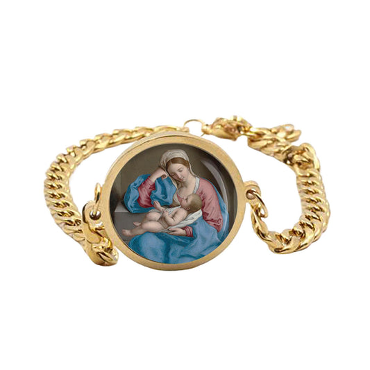 Our Lady Madonna With The Infant Christ Child Curb Bracelet Gold or Silver tone Religious Jewelry Simple Chain