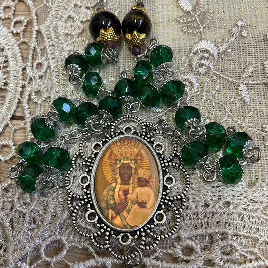 Handmade Rosary Our Lady of Czestochowa Green Glass Beads and Black Lapis Lazuli Jades Gemstones