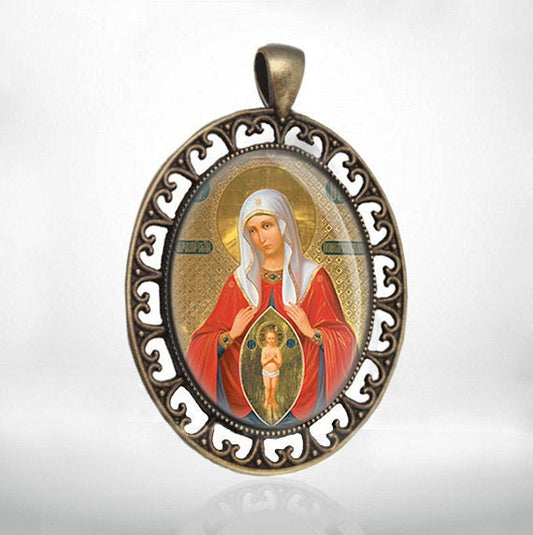 Helper in Childbirth Virgin Mary Orthodox Medal Oval Large Bronze Icon Most Holy Mother Pendant Jewelry