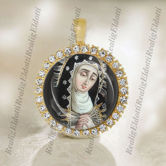 Our Lady of Seven Sorrows Christian Catholic Gold Tone Medal Pendant Jewelry Cabochon