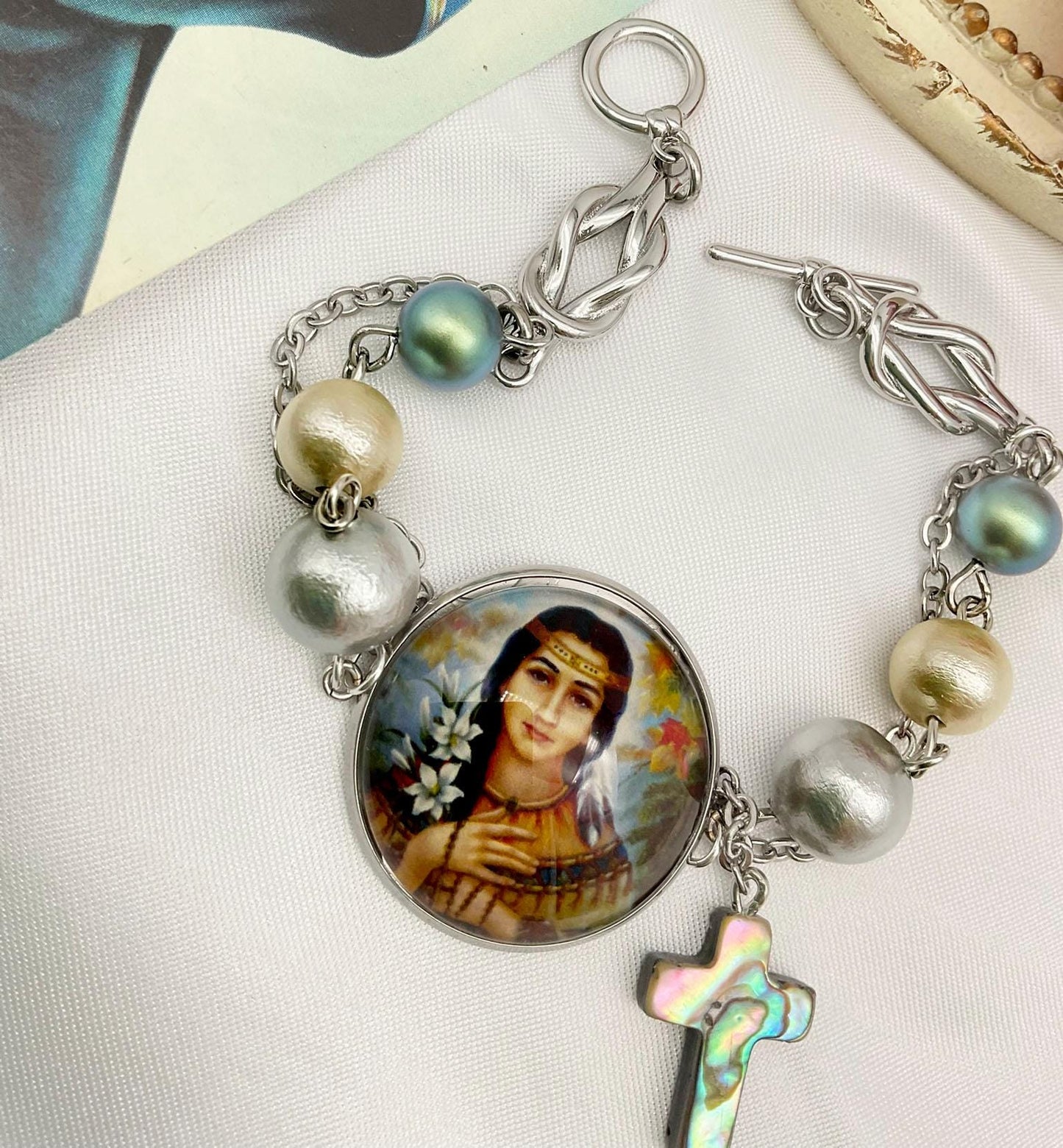 St Kateri Tekakwitha Bracelet - Catholic Bracelet with Cotton and Fresh Water Pearls - Custom Available!