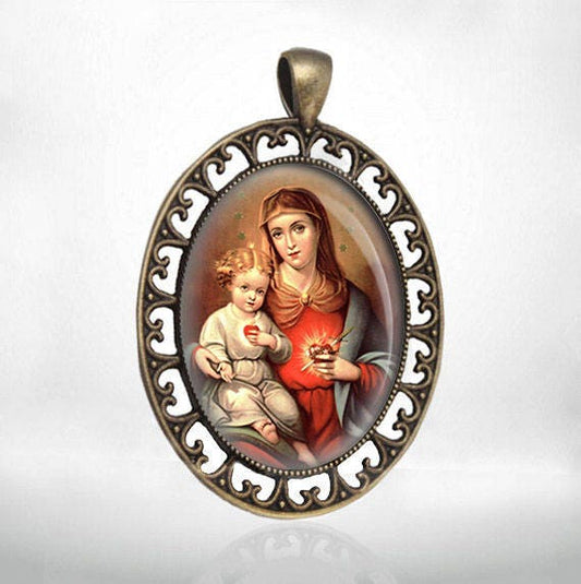 Mother Mary and Baby Jesus Immaculate Heart  Religious Catholic Medal Pendant