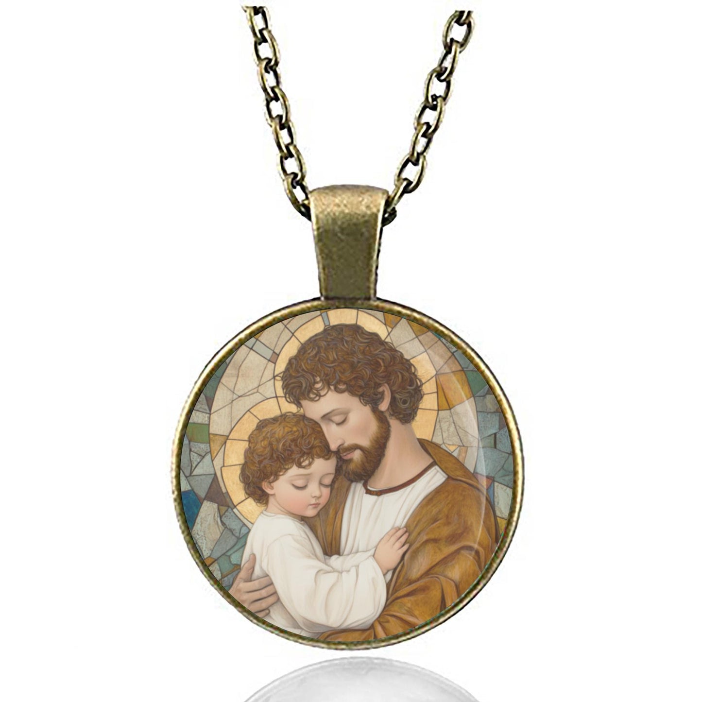 St Joseph and Baby Jesus Necklace Medal Religious Pendant Bronze Silver