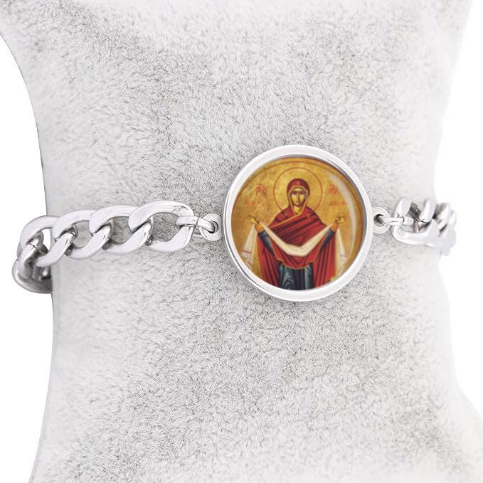 Our Lady Protection Pokrov Curb Bracelet Gold or Silver tone Religious Jewelry Simple Chain