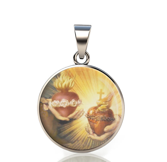Our Lady Immaculate And Sacred Heart Jesus 925 Sterling Silver Round Pendant Christian Religious Medal Small 20mm