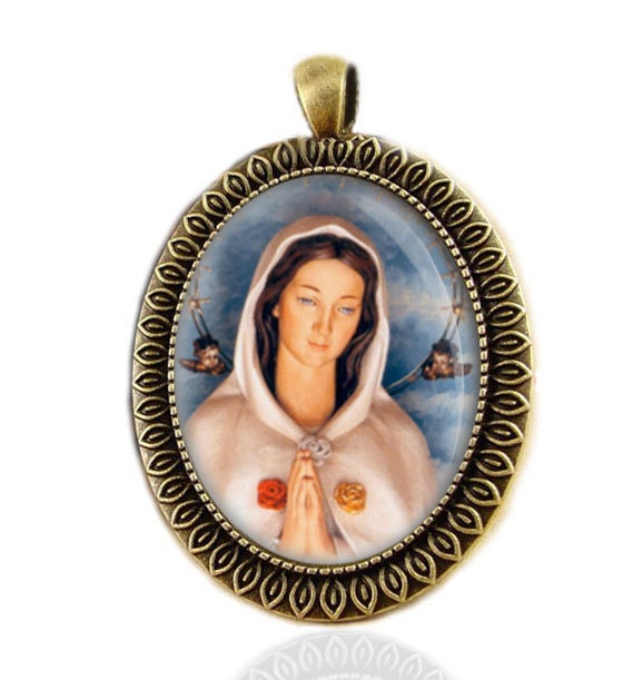 Virgin Mary Rosa Mystica Catholic Medal Pendant Large Bronze Religious Jewelry