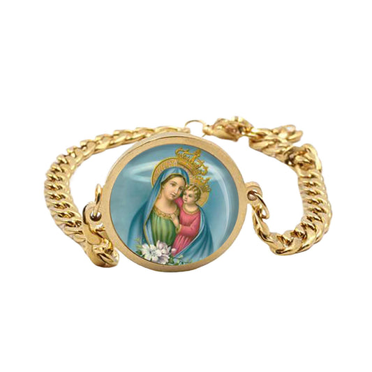 Our Lady of Consolation Curb Bracelet Gold or Silver tone Religious Jewelry Simple Chain