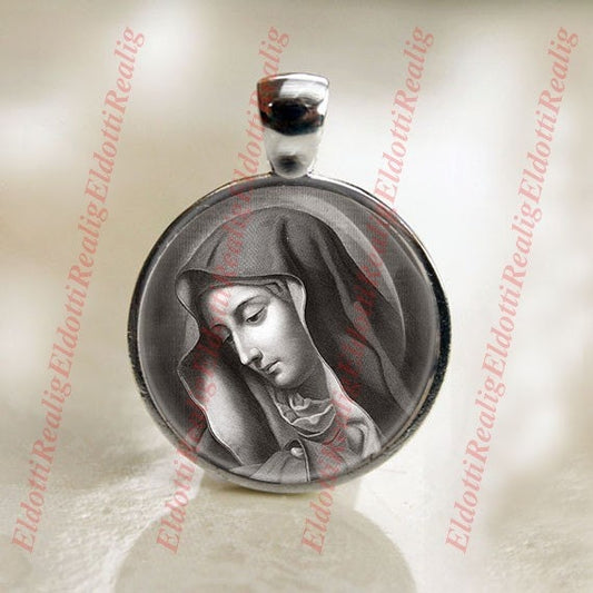 Mother Mary In Black and White by Carlo Dolci Christian Catholic Medal Pendant