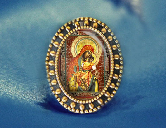 Black Madonna Virgin Mary and Child Jesus Brooch Catholic Broach Gold Antique Pin Cabochon