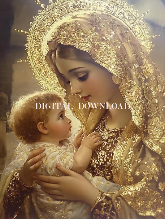 Our Lady Virgin Mary with Baby Jesus in Gold Print Religious Art DIGITAL DOWNLOAD