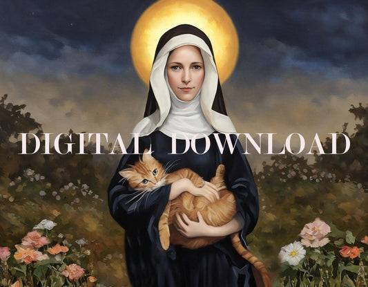 Saint Gertrude of Nivelles with Cat Religious Art DIGITAL DOWNLOAD Catholic Print