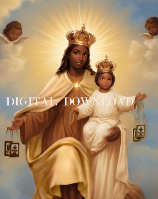 Our Lady of Mount Carmel Deep Brown Skin | Black Mary And Jesus | Digital File Printable Religious Art for Devotion and Inspiration