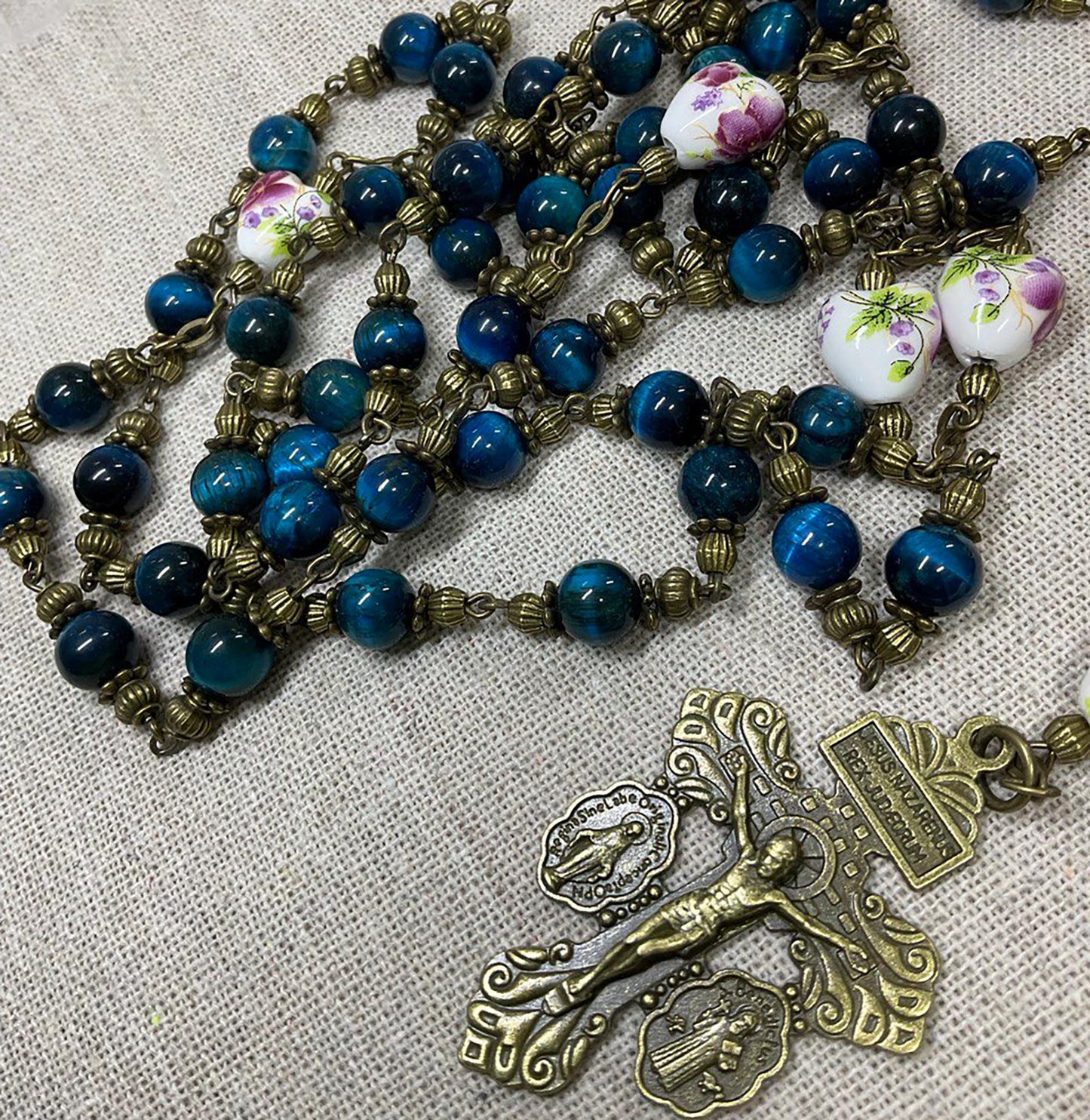 Catholic Rosary Heirloom Vintage Style | Pardon Crucifix St Michael Archangel Centerpiece Handmade Devotional Gemstones Beads Ceramic Hearts