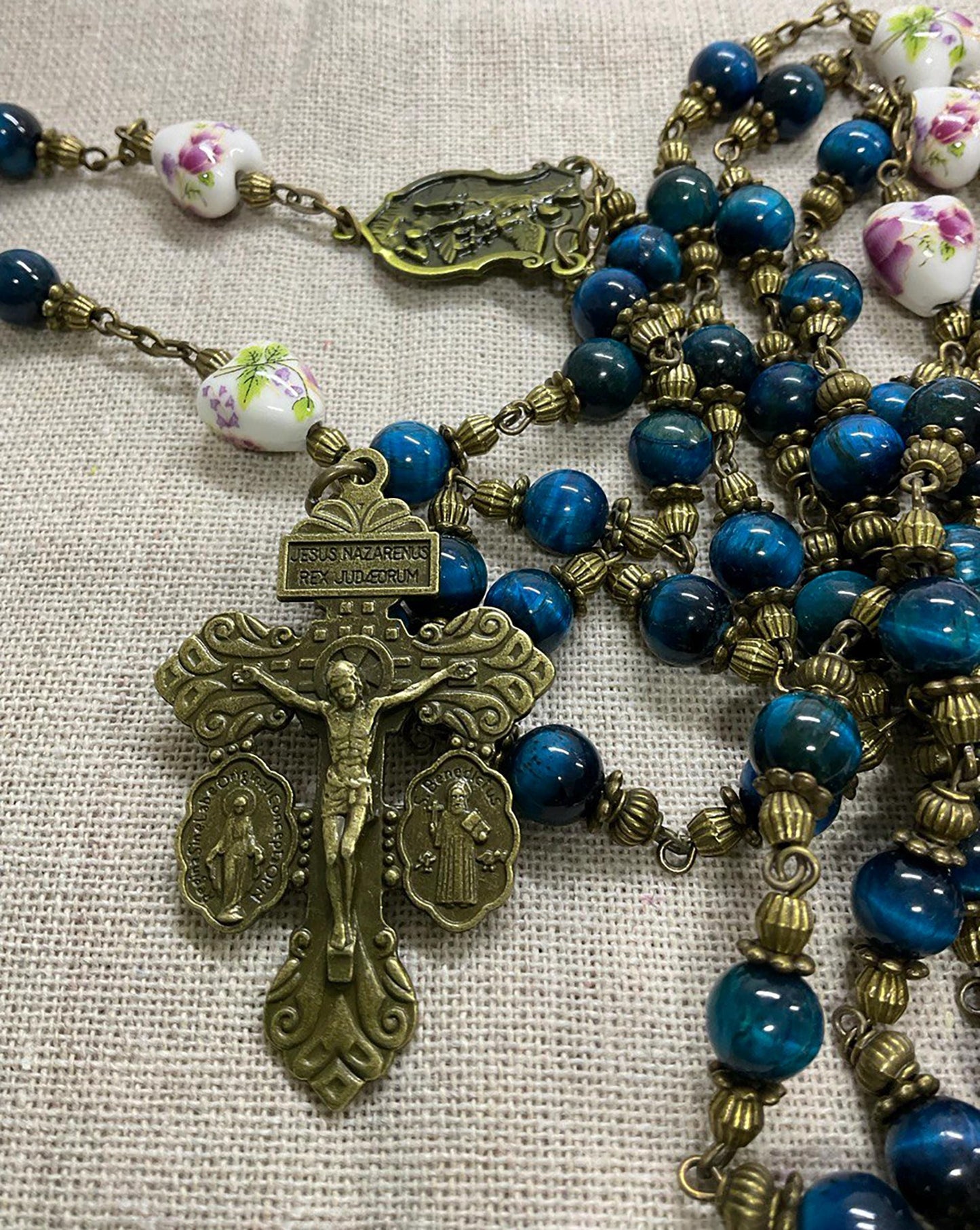 Catholic Rosary Heirloom Vintage Style | Pardon Crucifix St Michael Archangel Centerpiece Handmade Devotional Gemstones Beads Ceramic Hearts