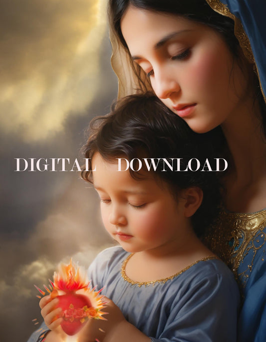 Holy Mother Mary and Baby Jesus Sacred Heart Digital Download Art | Religious Print, Christian Home Decor, Inspirational Wall Art