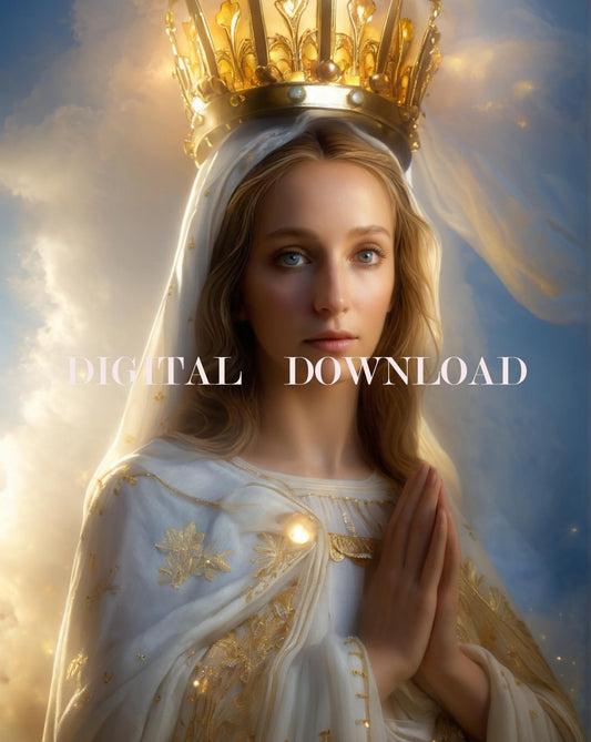 Beautiful Mother Mary Our Lady Crown Heaven Glory DIGITAL DOWNLOAD | Mary in Prayer Religious Art Print Christian