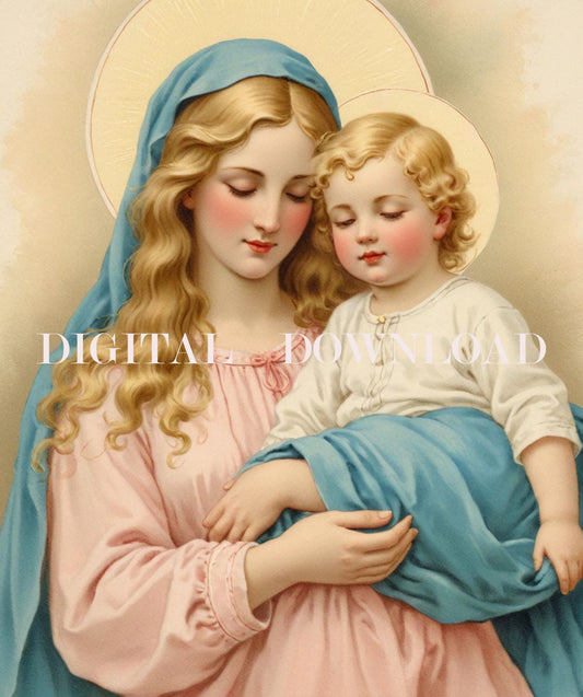 Mother Mary and Baby Jesus DIGITAL DOWNLOAD Religious Art Print Christian