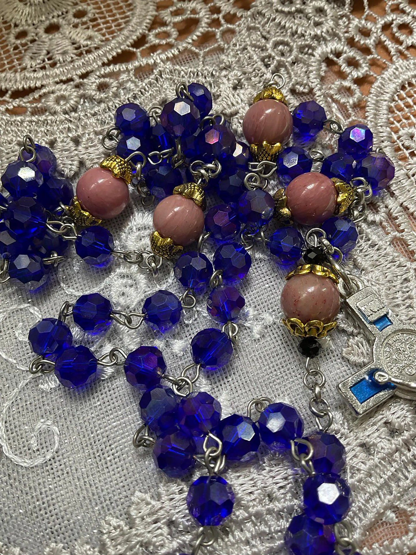 Saint Mother Teresa Handmade Deep Blue Rosary Gemstones Rhodonite Beads