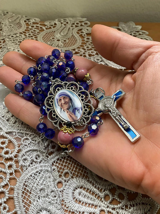 Saint Mother Teresa Handmade Deep Blue Rosary Gemstones Rhodonite Beads