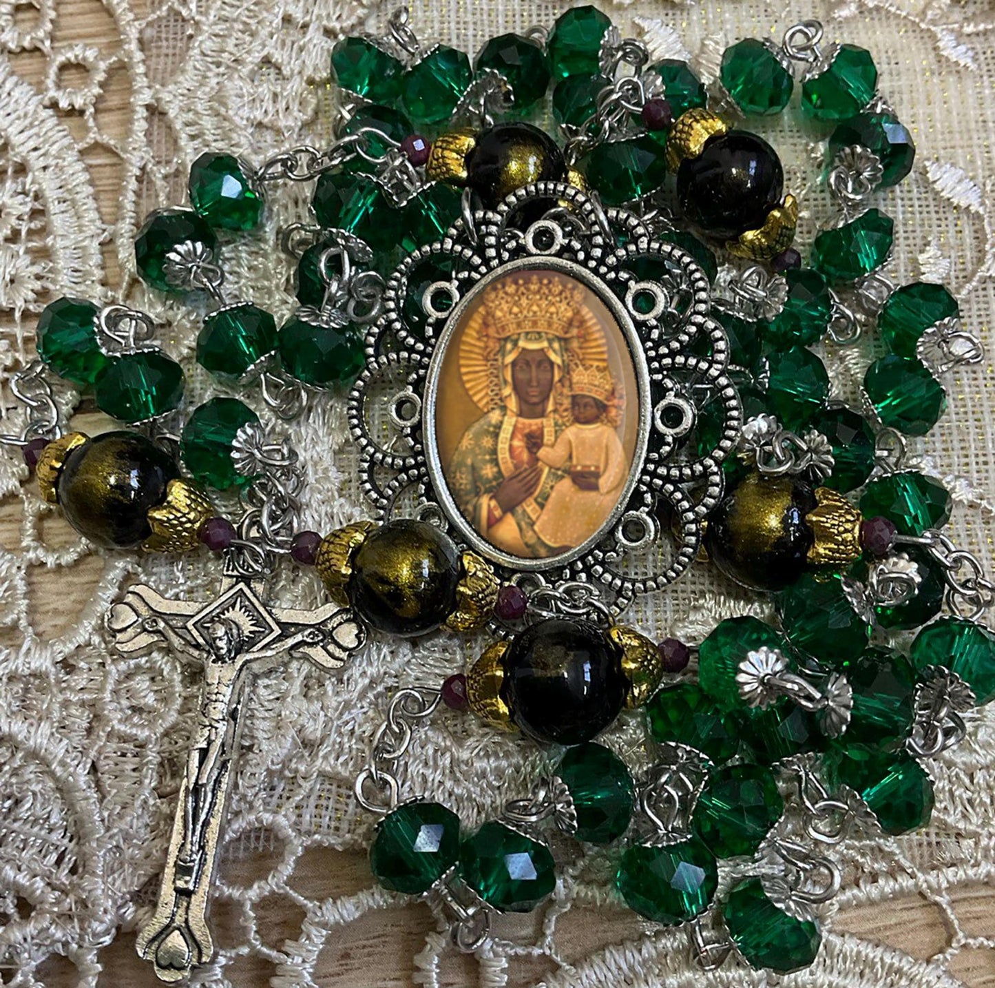 Handmade Rosary Our Lady of Czestochowa Green Glass Beads and Black Lapis Lazuli Jades Gemstones