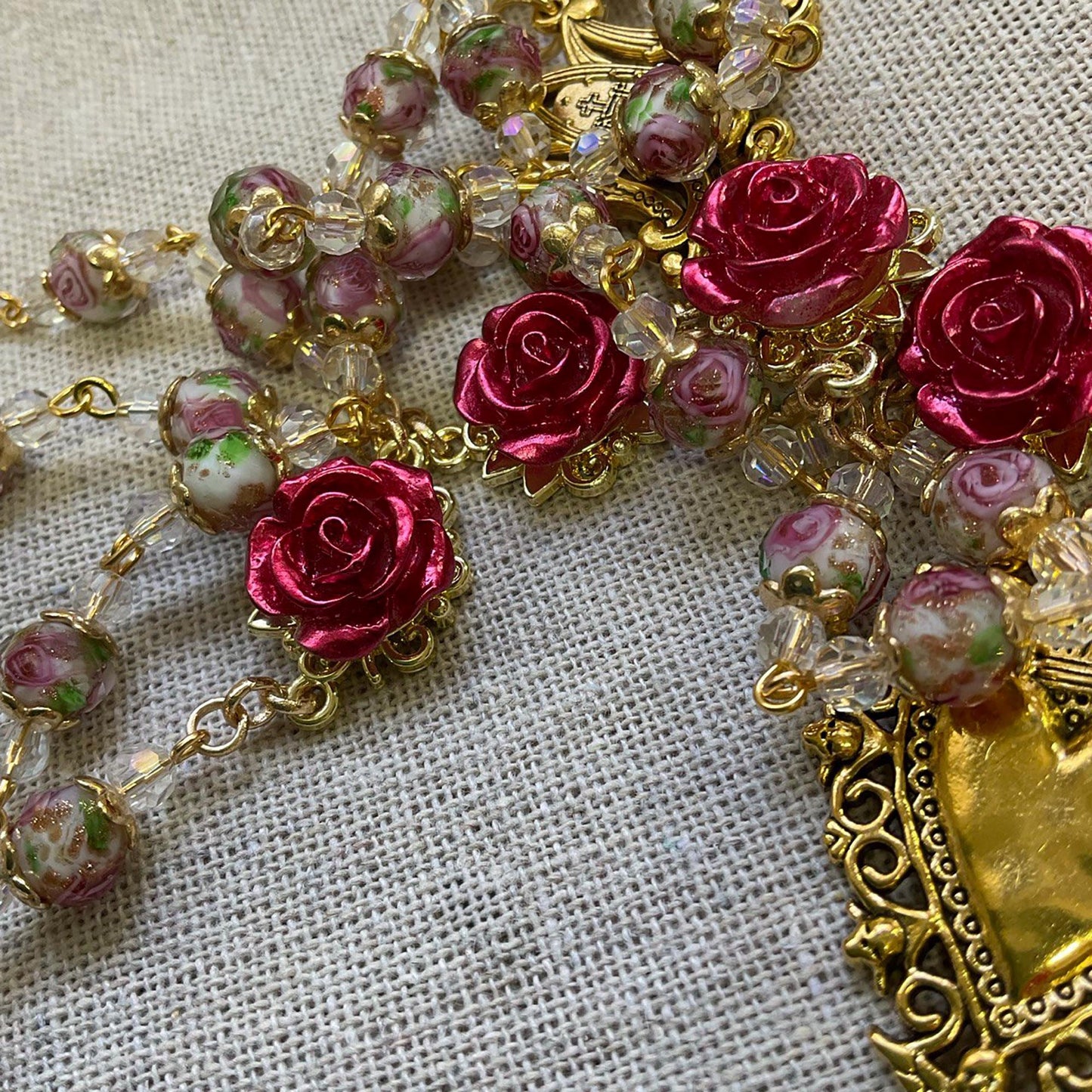 Rosary Immaculate Mary Lampwork Beads Gold Tone Sacred Heart with Roses