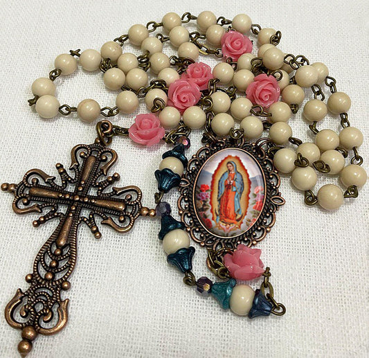 Our Lady Of Guadalupe Rosary Ivory Jade Gemstones and Coral Roses - Bronze Vintage Victorian Style Rosary