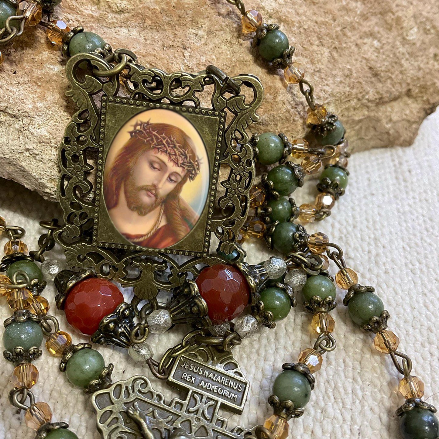 Ecce Homo Crown of Thorns Rosary - Handcrafted Jesus Christ Prayer Beads with Jade Gemstones & Bronze Crucifix