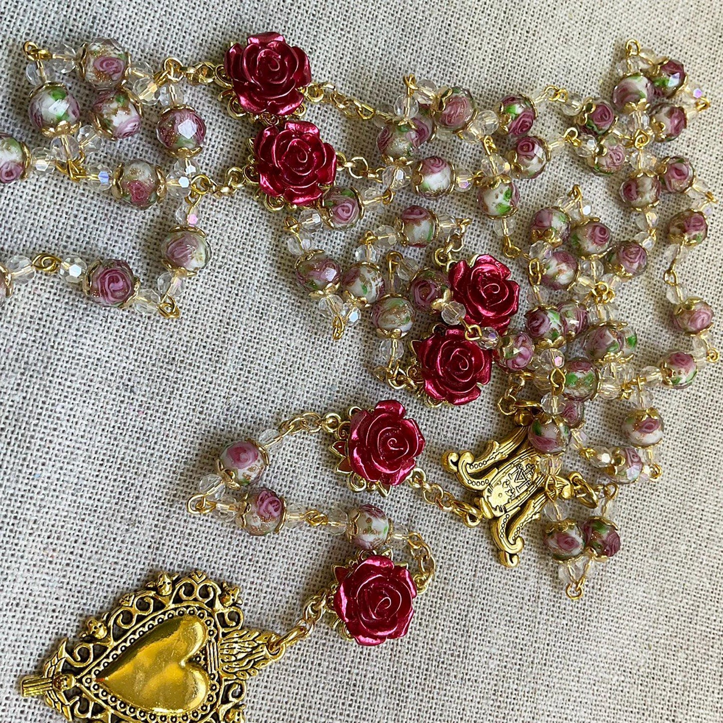 Rosary Immaculate Mary Lampwork Beads Gold Tone Sacred Heart with Roses