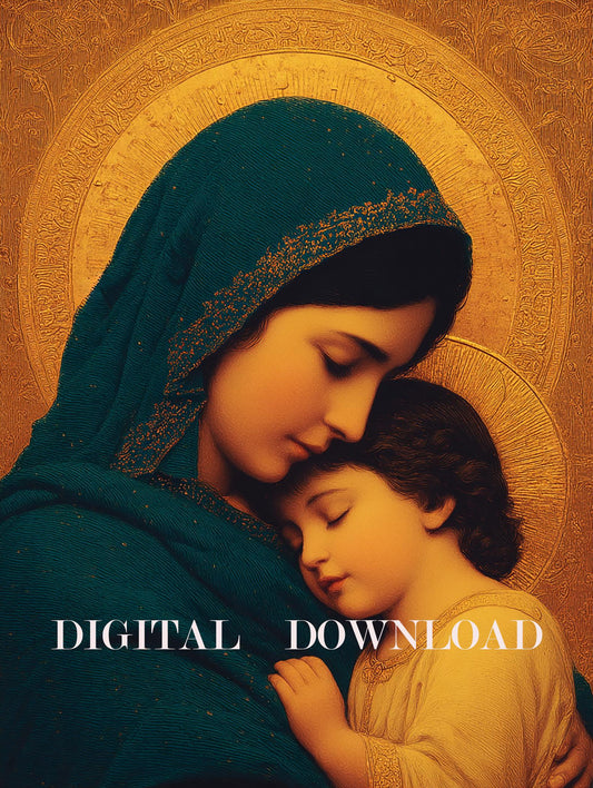 Mother Mary Lovingly Cradling the Child Jesus Christ DIGITAL DOWNLOAD Religious Art Print Christian