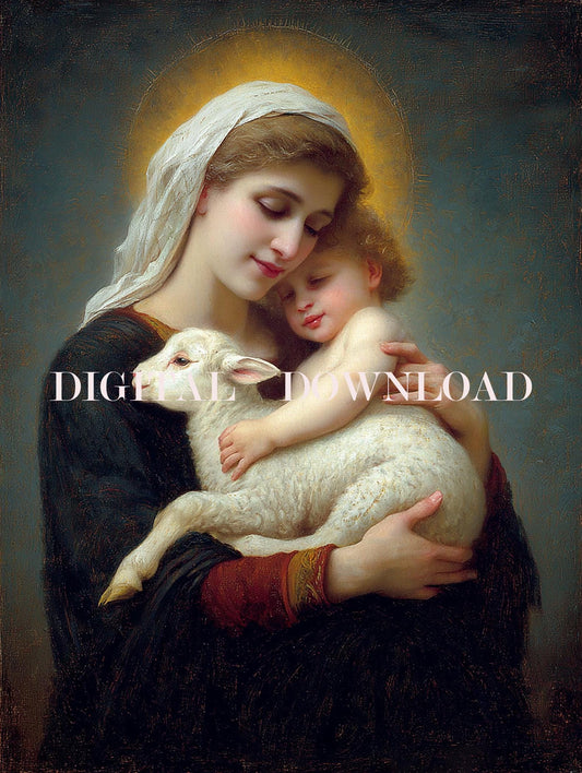 Mother Mary Baby Jesus and Lamb Digital Art Print Christian