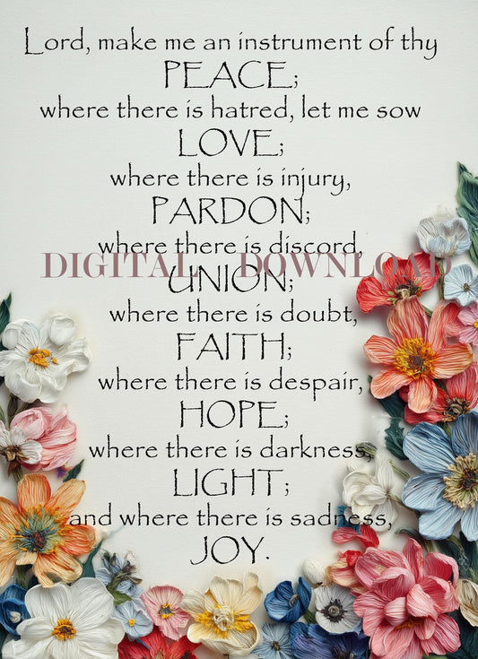 The Peace Prayer of Saint Francis Catholic Art DIGITAL DOWNLOAD Religious Print Christian | Lord, make me an instrument of thy peace Prayer