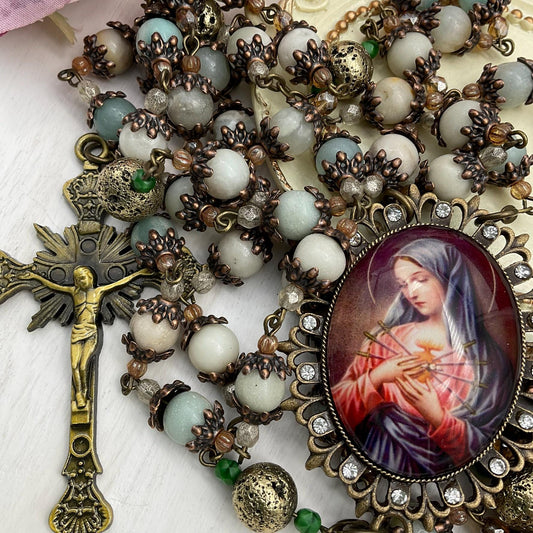 Catholic Heirloom Bronze Rosary Our Lady of Sorrows | Seven Sorrows of Mary | Handmade with Amazonite Gemstones + Czech Glass Beads