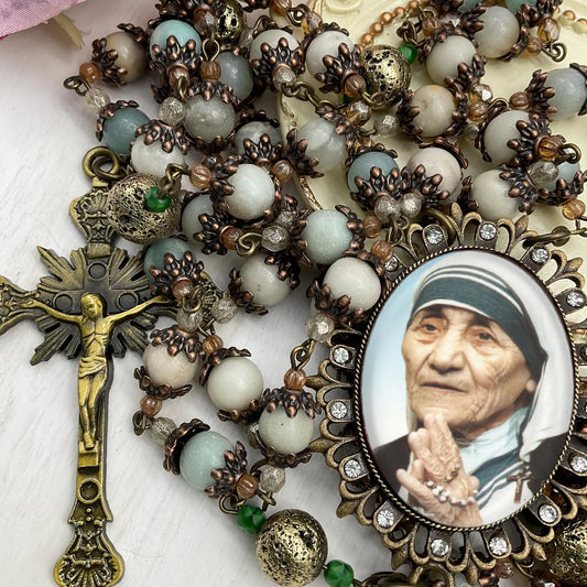 St Mother Teresa Handmade Catholic Rosary - Amazonite Gemstones and Czech Glass Beads