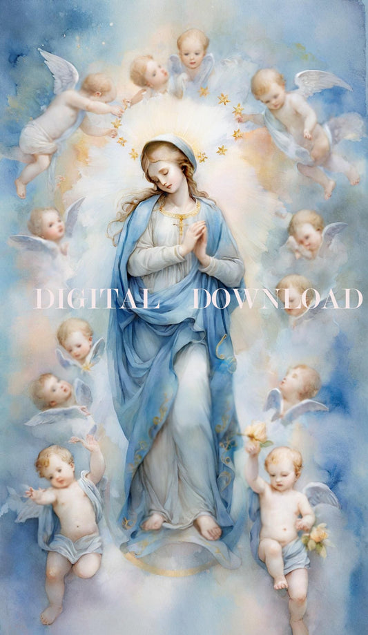 The Immaculate Conception of the Blessed Virgin Catholic Digital Art DOWNLOAD Watercolor Style