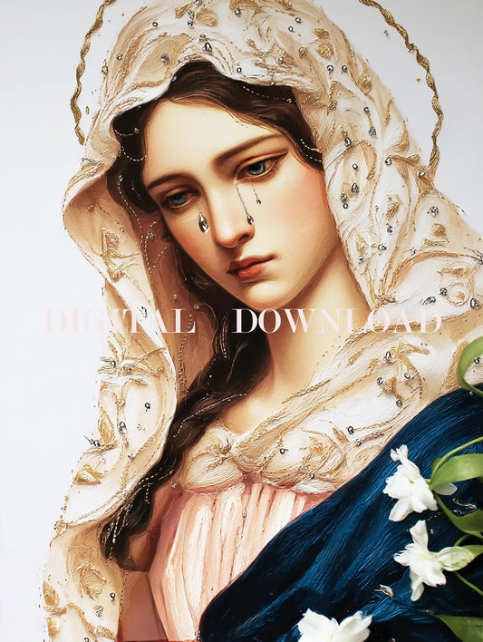 Our Lady Tears Pearls Mary Digital Art Sorrowful Mother Catholic Print Download